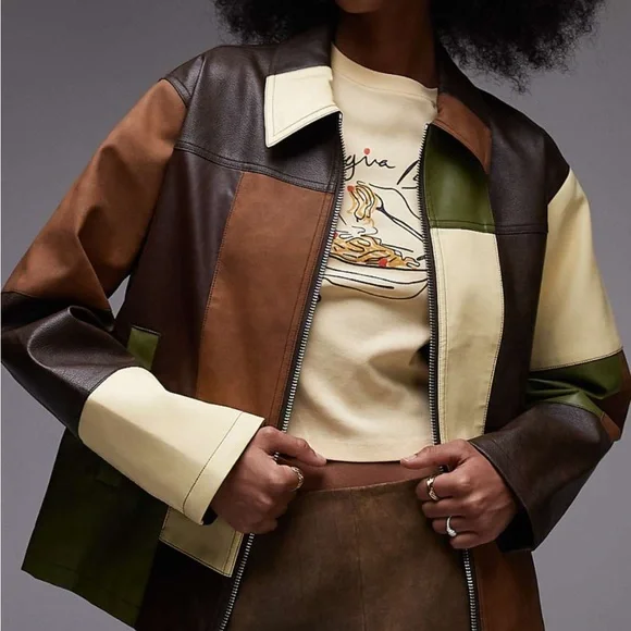 Topshop Contrast Panel Faux Leather Jacket in Multi - Picture 2 of 3